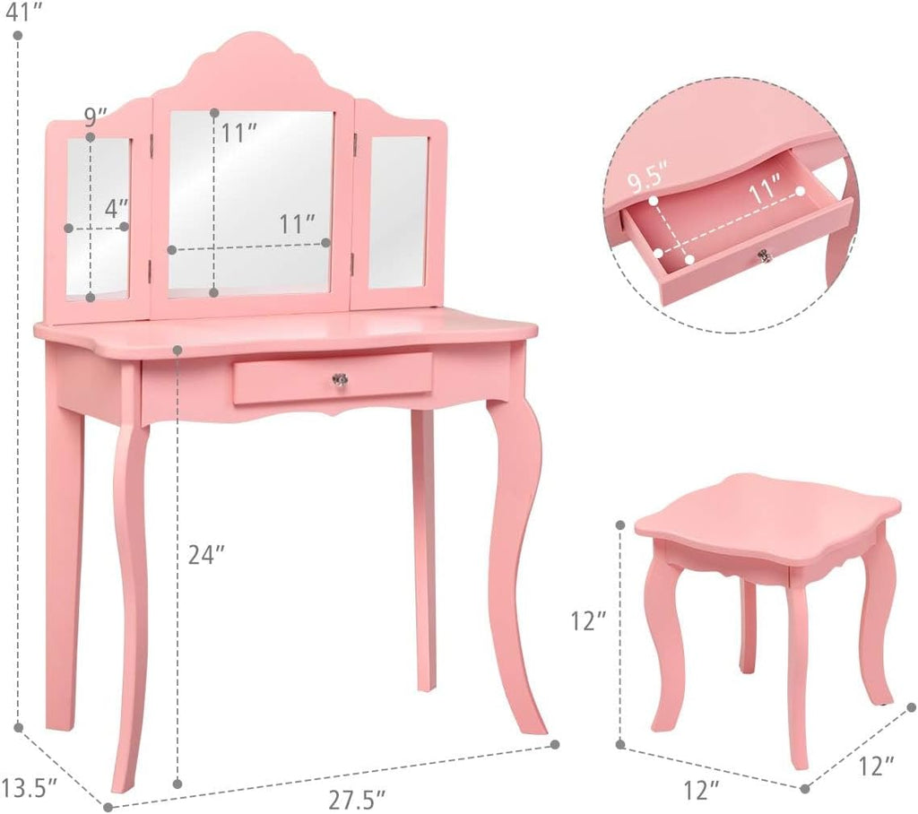 Costzon Kids Vanity & Jewelry Armoire Cabinet, Kids Vanity Table and Chair Set, Makeup Dressing Table, Standing Jewelry Organizer with Full-Length Mirror, Kids Bedroom Furniture Set for Girls (Pink)