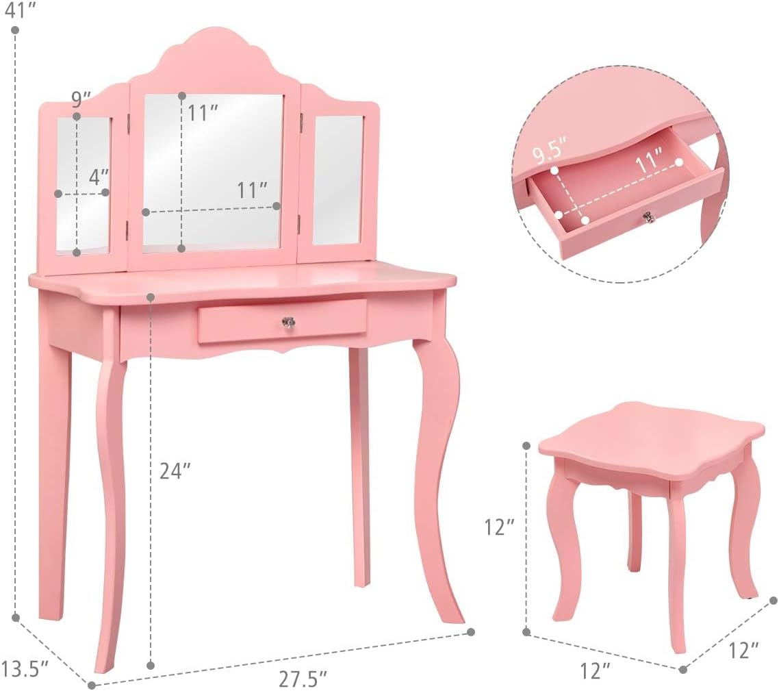 Costzon Kids Vanity & Jewelry Armoire Cabinet, Kids Vanity Table and Chair Set, Makeup Dressing Table, Standing Jewelry Organizer with Full-Length Mirror, Kids Bedroom Furniture Set for Girls (Pink)