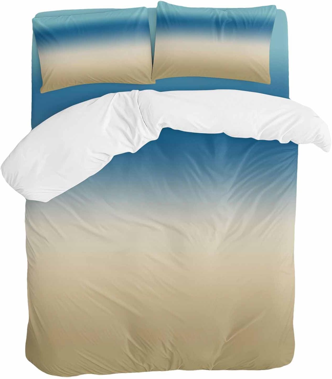 Prime Leader Gradient Blue Duvet Cover Set Queen Size 4 Pieces Modern Minimalist Blue Brown Ocean Beach Bedding Set with Zipper Closure, 1 Comforter Cover 86x86 Inches 1 Flat Sheet & 2 Pillow Cases