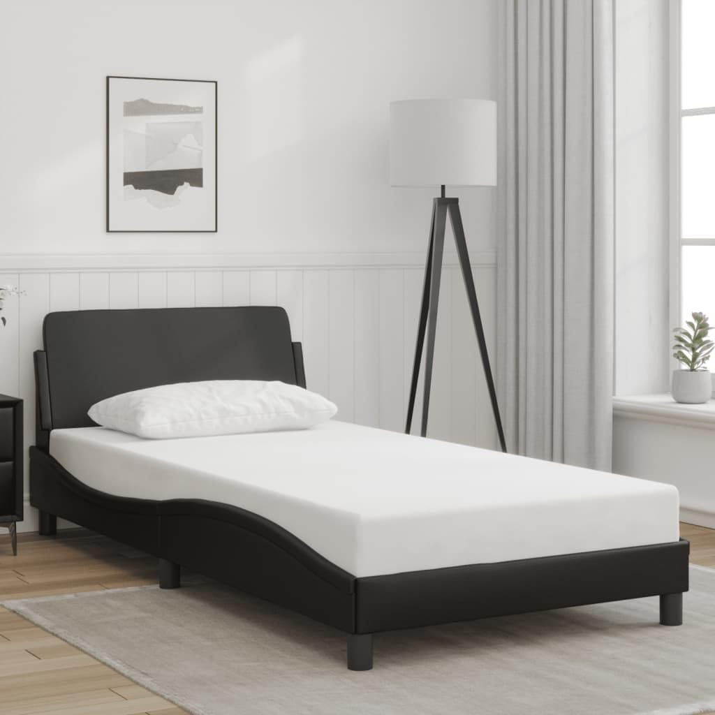 Modern Twin Bed Frame with Headboard in Black Faux Leather, Engineered Wood and Metal Construction, Featuring Hidden Storage Compartment for Organization and Durable Sleek