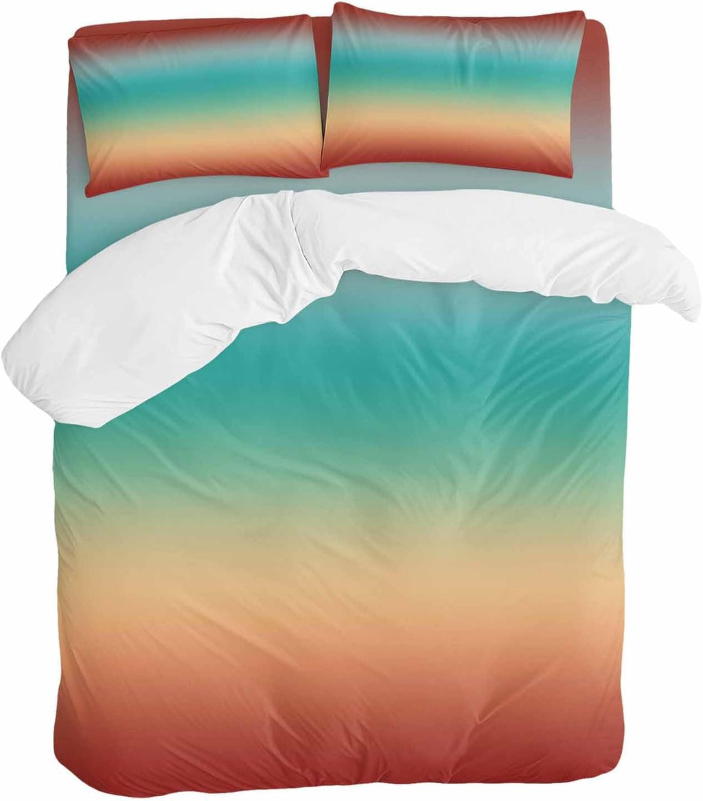 Bohemian Gradient Red Duvet Cover Set Queen Size 4 Pieces Modern Minimalist Green Yellow Ocean Beach Bedding Set with Zipper Closure, 1 Comforter Cover 90x92 Inches 1 Flat Sheet & 2 Pillow Cases