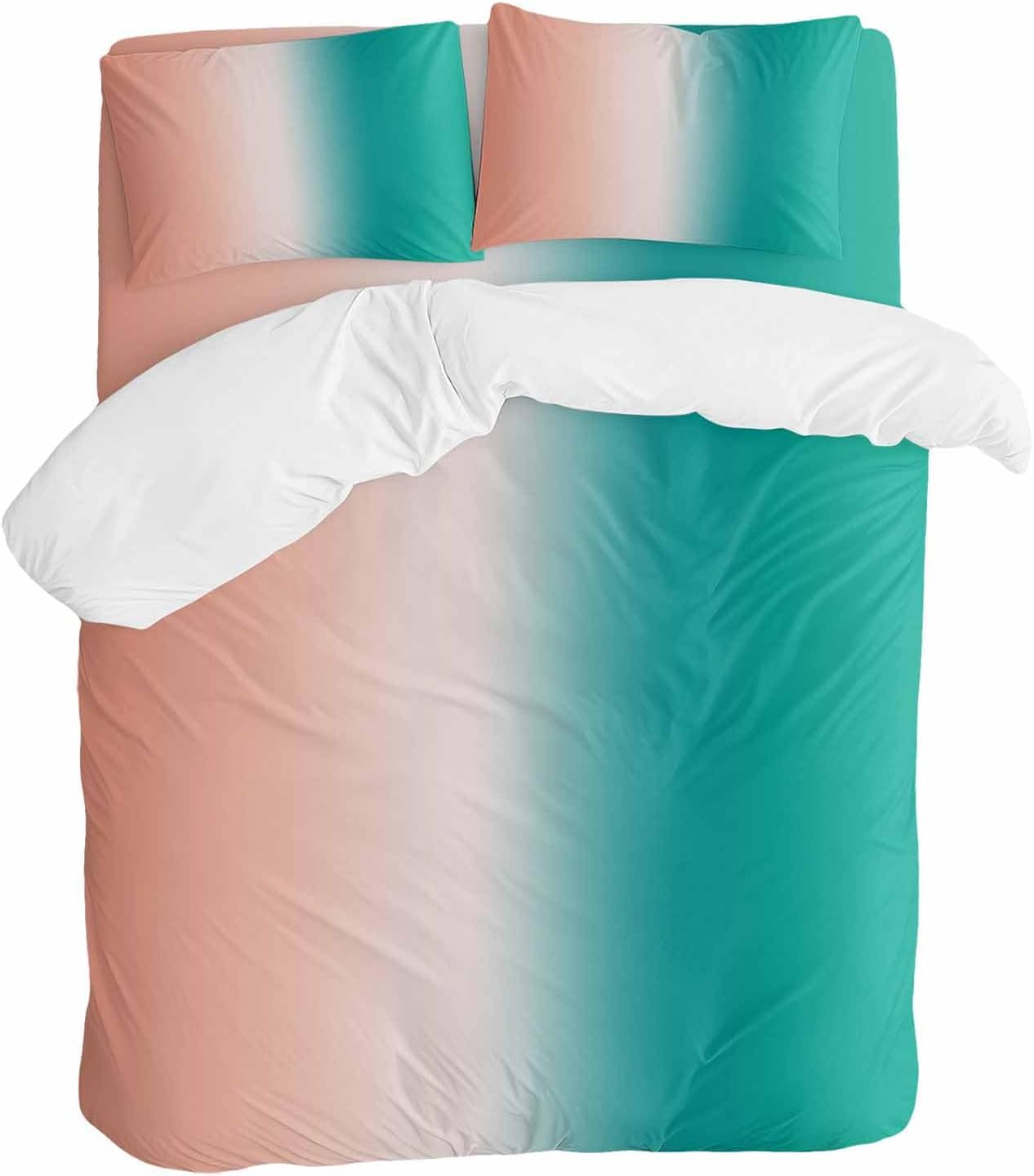 Gradient Pink Green Duvet Cover Set Queen Size 4 Pieces Modern Abstract Minimalist Orange Brown Ocean Beach Bedding Set with Zipper Closure,1 Comforter Cover 90x92 Inches 1 Flat Sheet & 2 Pillow Cases