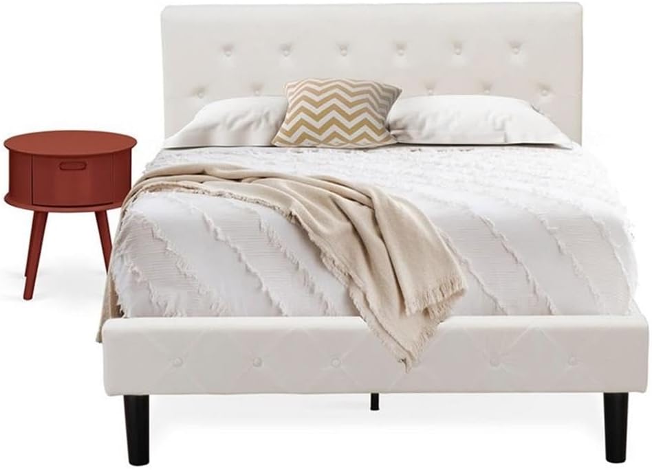 East West Furniture NL19F-1GO13 2 Piece Full Bed Set - Button Tufted Bed Frame - Linen white Velvet Fabric Upholstered Headboard and a Burgundy Finish Nightstand