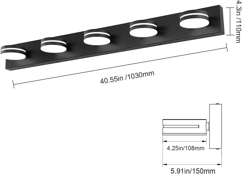 5 Light Bathroom Vanity Light, 30W LED Black Bathroom Light Fixtures Over Mirror, Dimmable Bath Lights, Wall Sconce Light with Milky White Acrylic Shades, Rotatable Lights Head