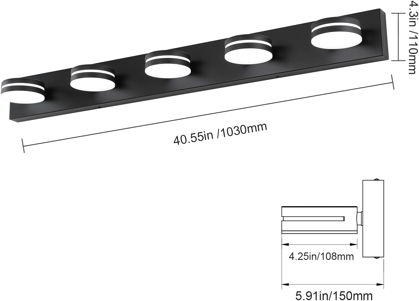 5 Light Bathroom Vanity Light, 30W LED Black Bathroom Light Fixtures Over Mirror, Dimmable Bath Lights, Wall Sconce Light with Milky White Acrylic Shades, Rotatable Lights Head