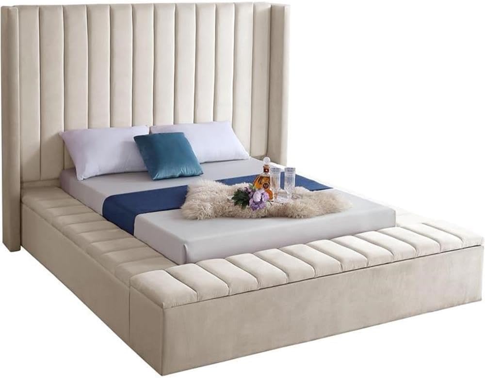 Meridian Furniture Kiki Collection Modern | Contemporary Velvet Upholsterd Bed with Channel Tufting, Siderails and Footboard Storage Compartments, Full, Cream