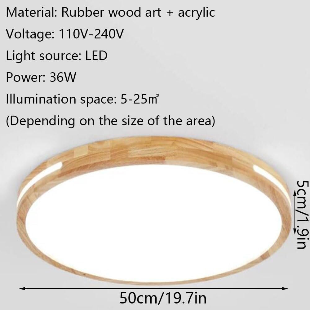 Nordic Wooden LED Ceiling Lamp Round Japanese Style Lighting Ceiling Light Three-Tone Light Flat Ceiling Light Fixture for Living Room Bedroom Dining Room Kitchen Study Room Corridor(50cm)