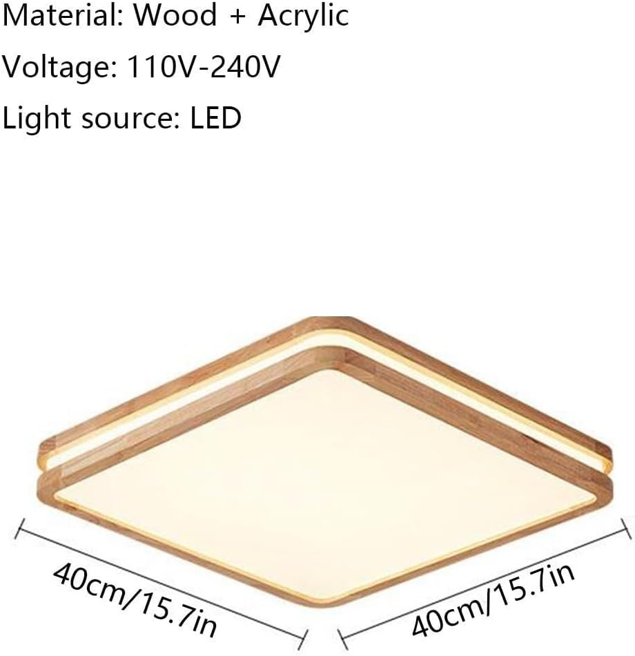 Three-Color Dimming Flat Ceiling Lamp LED Indoor Wooden Square Lighting Ceiling Light Chinese Style Ceiling Light Fixture for Living Room Bedroom Dining Room Kitchen Study Room Corridor