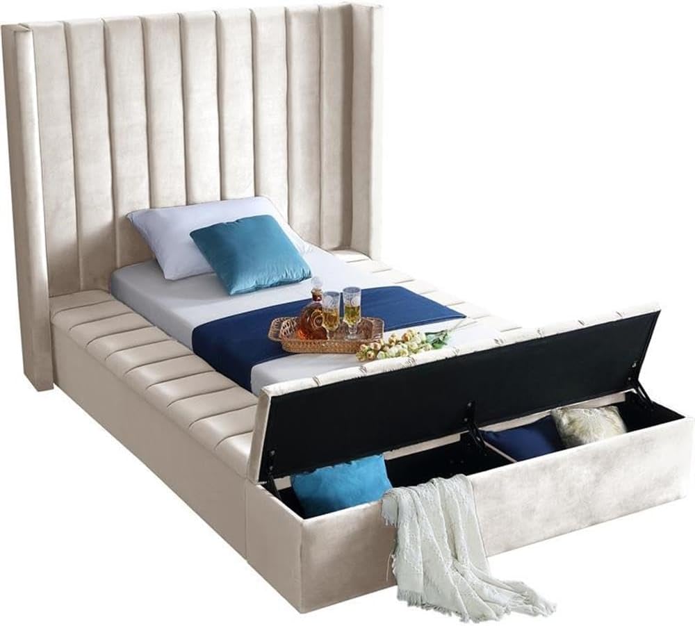Meridian Furniture Kiki Collection Modern | Contemporary Velvet Upholsterd Bed with Channel Tufting, Siderails and Footboard Storage Compartments, Twin, Cream