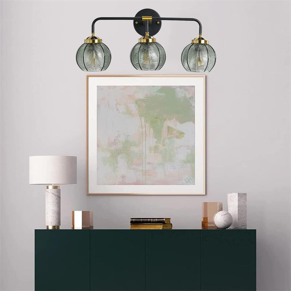 3-Light Bathroom Vanity Light Black Wall Mount Light with Green Glass Shade, Mid Century Wall Sconce Lights Modern Vanity Lamp for Over Mirror Bedroom Hallway