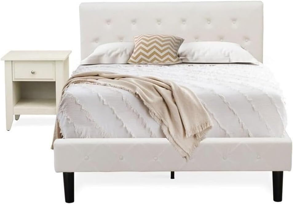 HomeStock Rustic Recluse 2 Piece Bedroom Set - Size Button Tufted Bed - Velvet Upholstered Headboard and A Nightstand Full/Butter Cream/White