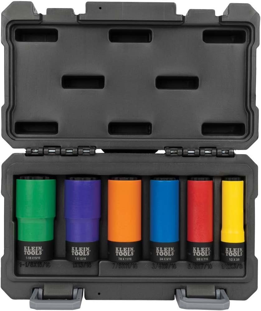 Klein Tools 66033 1/2-Inch Drive SAE Impact Socket Set with 12-Point Deep Sockets, High Visibility, Color Coated, Case Included, 6-Piece
