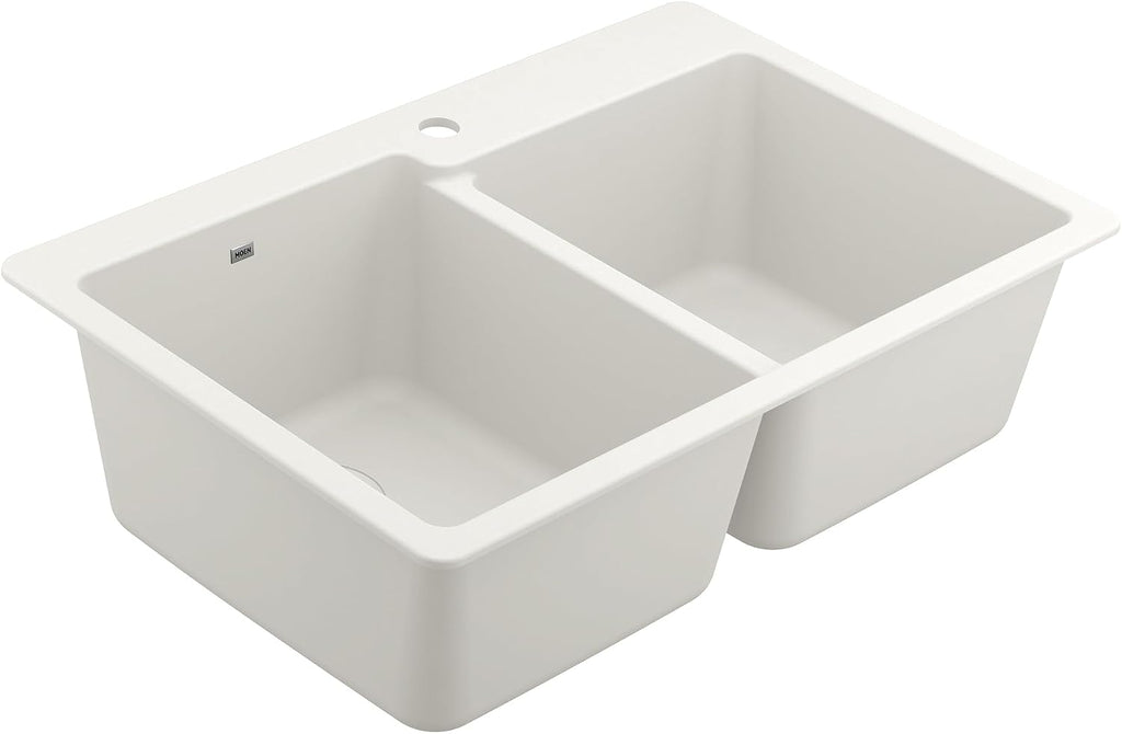 Moen Host White Granite 33-Inch Wide x 9.5-Inch Deep Dual Mount Double Bowl Kitchen Sink, GGW3024B