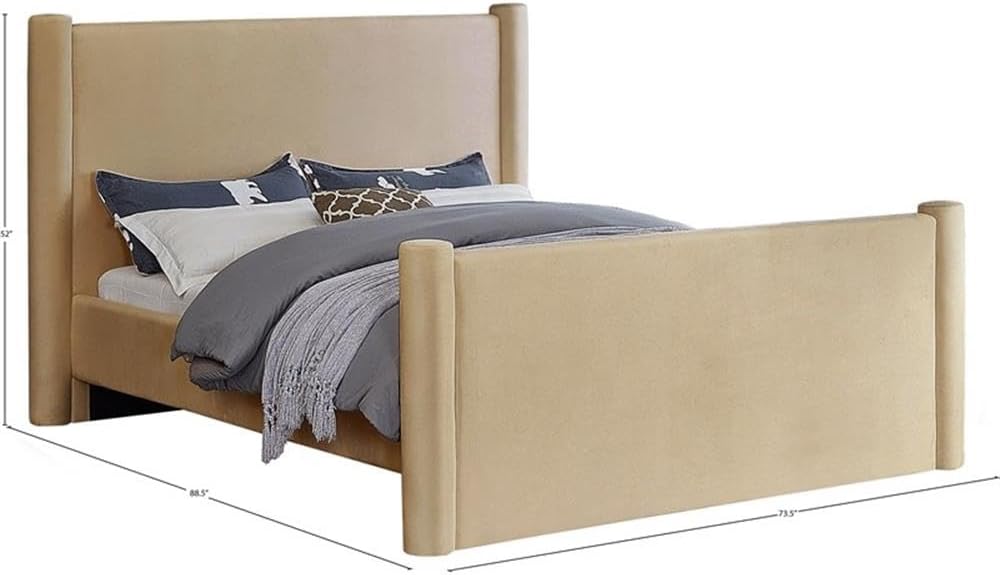 Meridian Furniture B1298Camel-Q Elias Collection Modern | Contemporary Queen Bed with Soft Camel Velvet, Solid Wood Inner Frame, 73.5' W x 88.5' D x 52' H, Camel, Queen