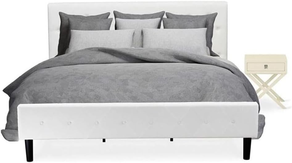 HomeStock African Artistry 2 Piece Bedroom Set - Button Tufted Platform Bed Frame - Velvet Fabric Upholstered Headboard and A Nightstand King/Linen White/White