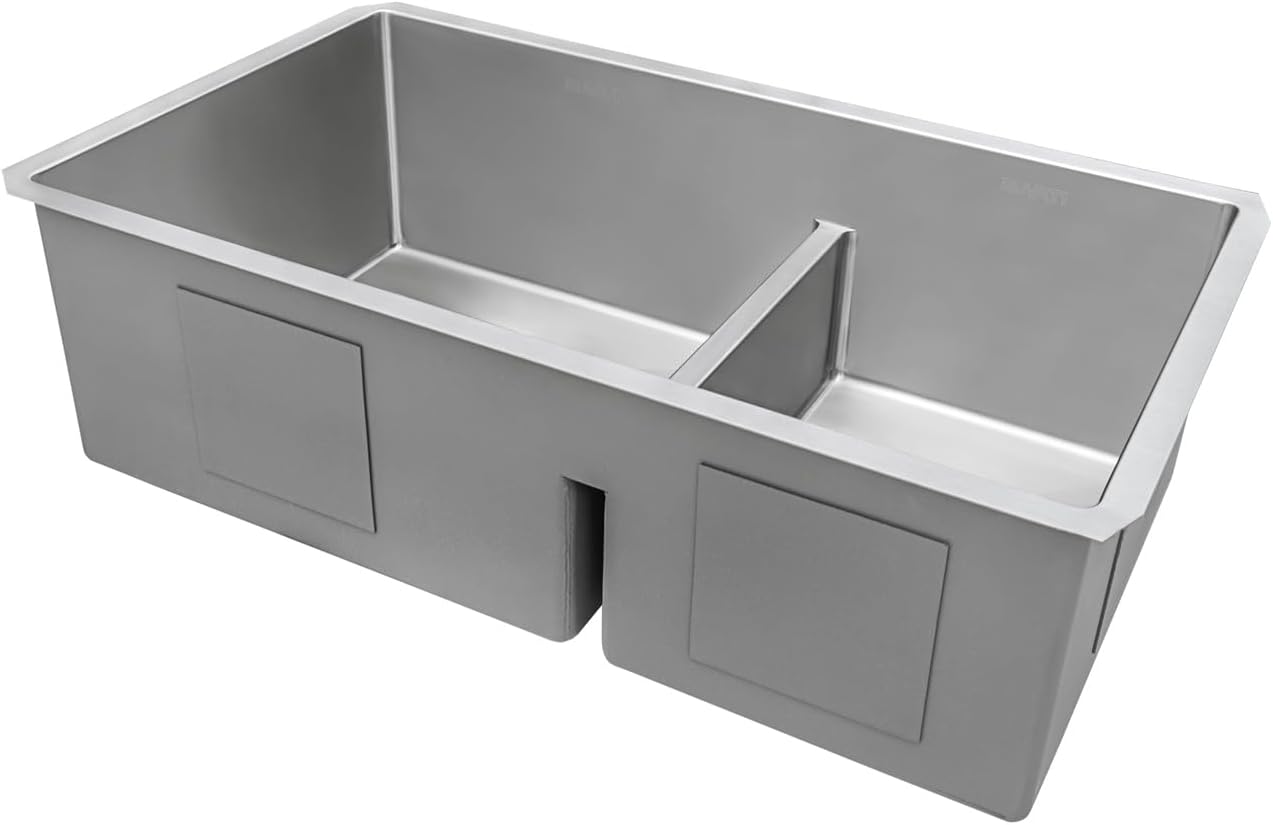 Ruvati 30-inch Low-Divide Rounded Corners Undermount Kitchen Sink - 60/40 Double Bowl Kitchen Sinks - 16 Gauge Stainless Steel Kitchen sink with Brushed Finish hides scratches - RVH7357