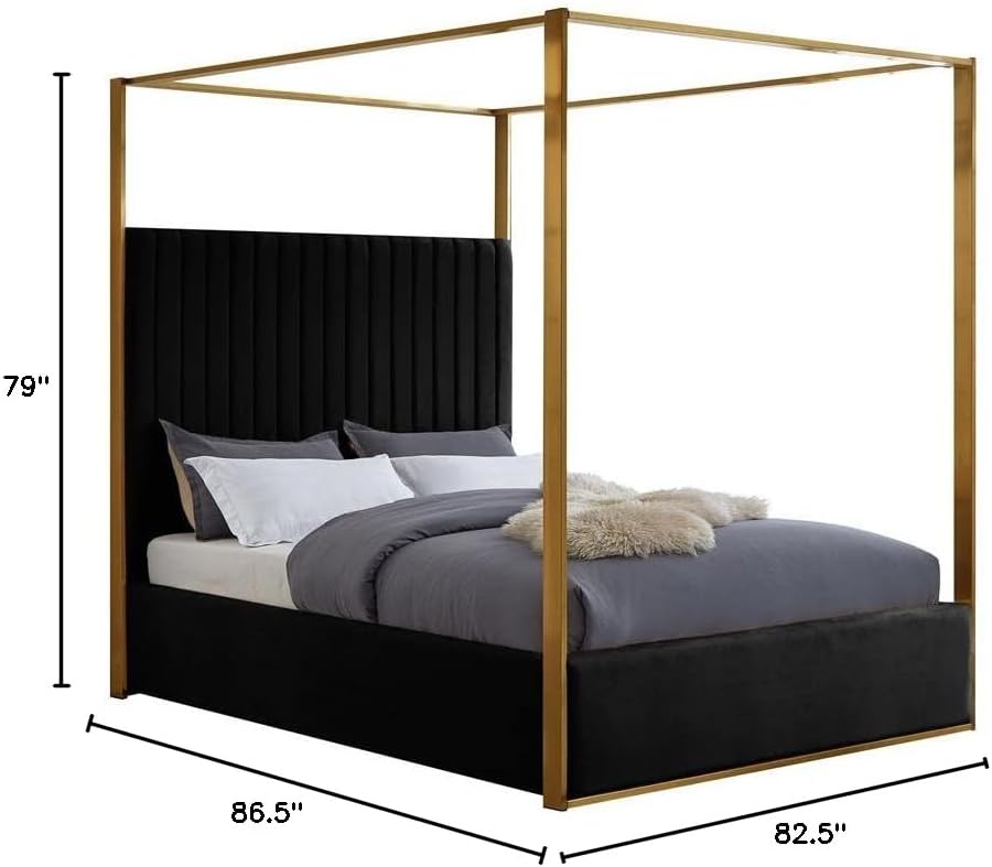 Meridian Furniture JonesBlack-K Jones Collection Modern | Contemporary Upholstered King Bed, Black Velvet, Channel Tufting, Brushed Brass Frame, 82.5' W x 86.5' D x 79' H, Black, King