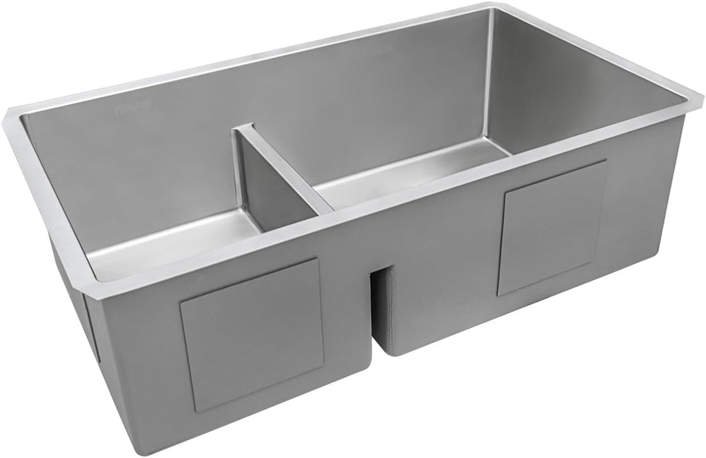 Ruvati 33-inch Low-Divide Rounded Corners Undermount Kitchen Sink - 40/60 Double Bowl Kitchen Sinks - 16 Gauge Stainless Steel Kitchen sink with Brushed Finish hides scratches - RVH7418