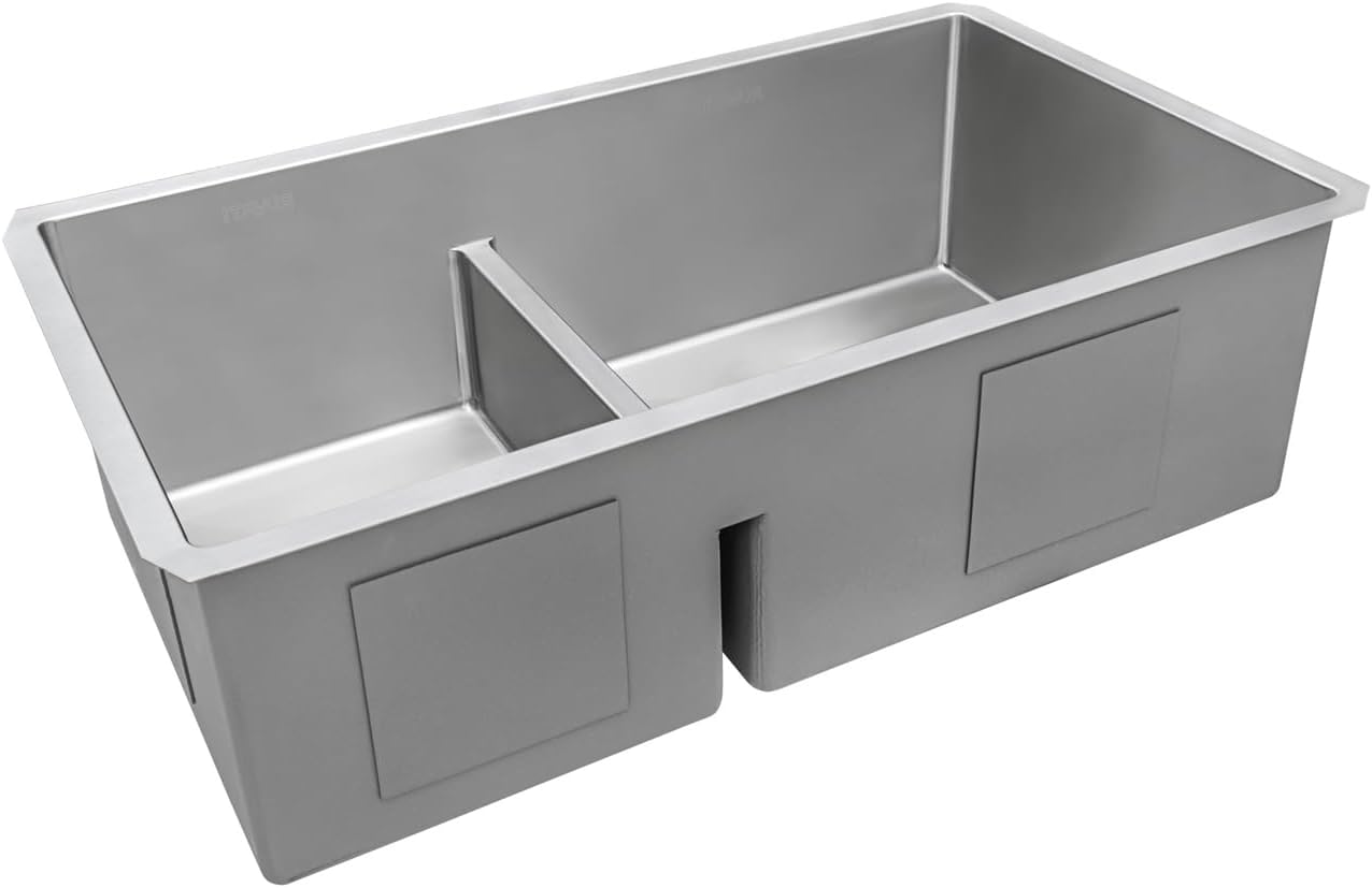 Ruvati 33-inch Low-Divide Rounded Corners Undermount Kitchen Sink - 40/60 Double Bowl Kitchen Sinks - 16 Gauge Stainless Steel Kitchen sink with Brushed Finish hides scratches - RVH7418