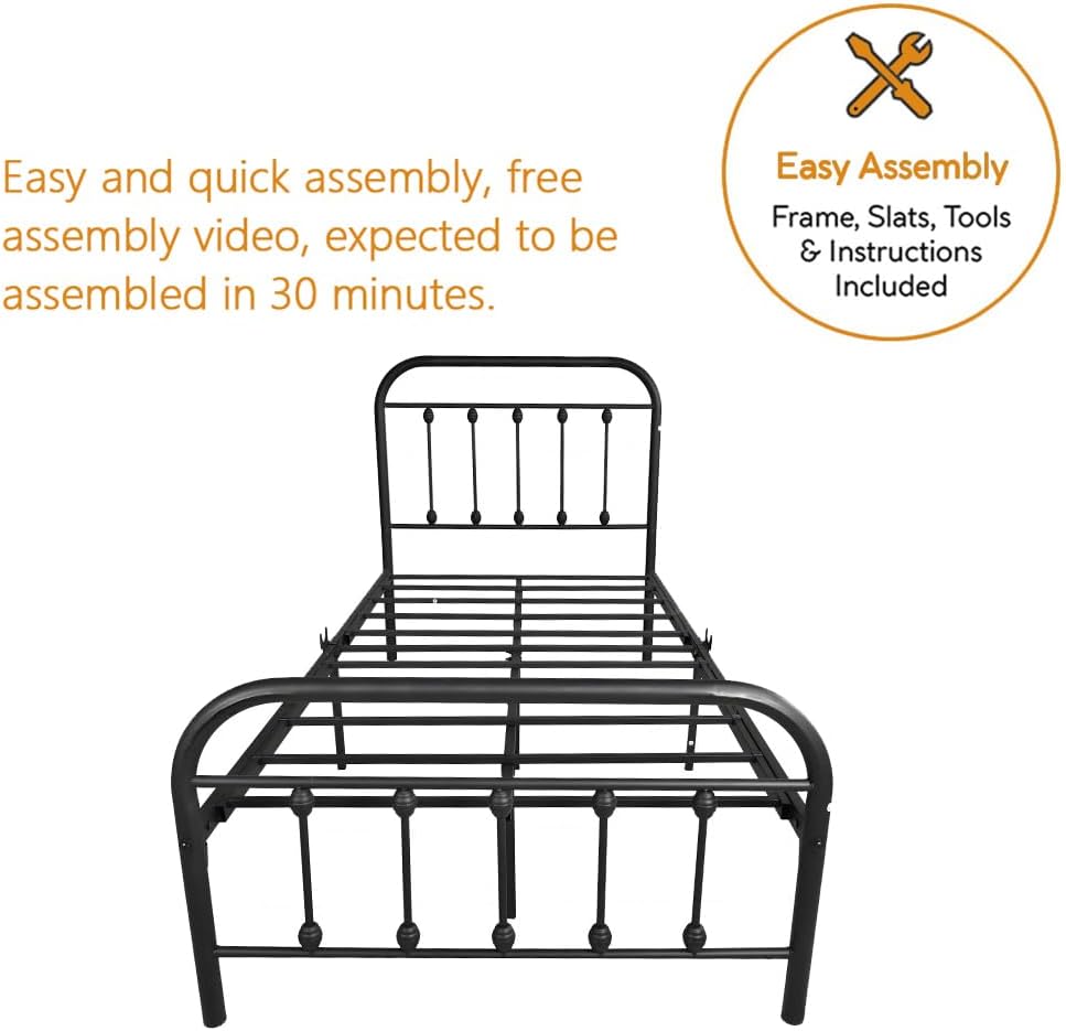 Twin Size Metal Bed Frame with Vintage Headboard and Footboard, Premium Stable Steel Slat Support Mattress Foundation, No Box Spring Needed and Easy Assembly,Black(Twin).