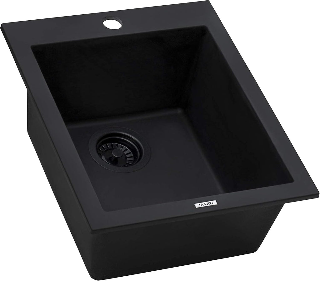 Ruvati 16 x 20 inch epiGranite Drop-in Topmount Granite Composite Quartz Single Bowl Wet Bar Prep Sink - Midnight Black - RVG1016BK