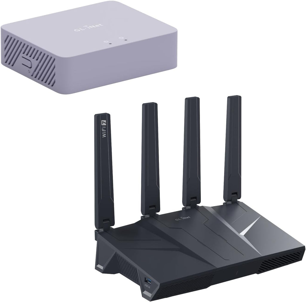 GL.iNet MT5000 (Brume 3) High-Speed Wired VPN Security Gateway & GL.iNet GL-BE9300 (Flint 3) Tri-Band WiFi 7 Router
