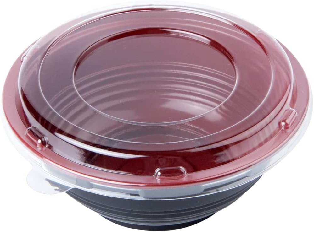 Restaurantware 18 Ounce Food Containers 200 Disposable Salad Bowls - Lids Included Microwavable Black And Red Plastic To Go Bowls Asian Inspired Perfect For Picnics Or Take Outs