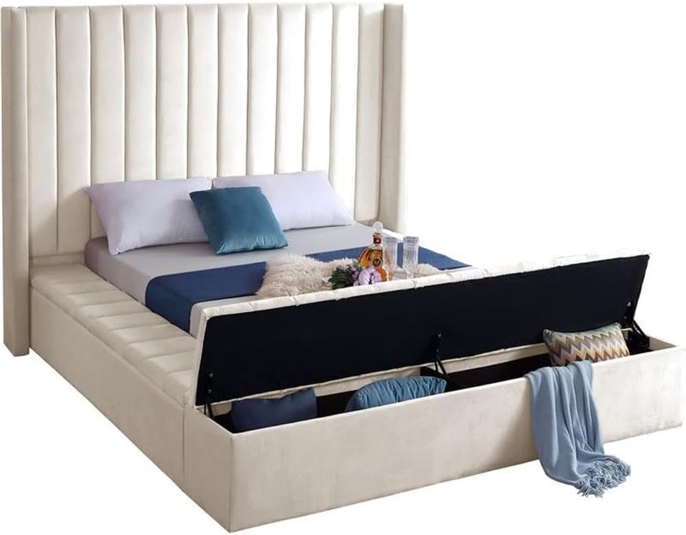 Meridian Furniture Kiki Collection Modern | Contemporary Velvet Upholsterd Bed with Channel Tufting, Siderails and Footboard Storage Compartments, Full, Cream