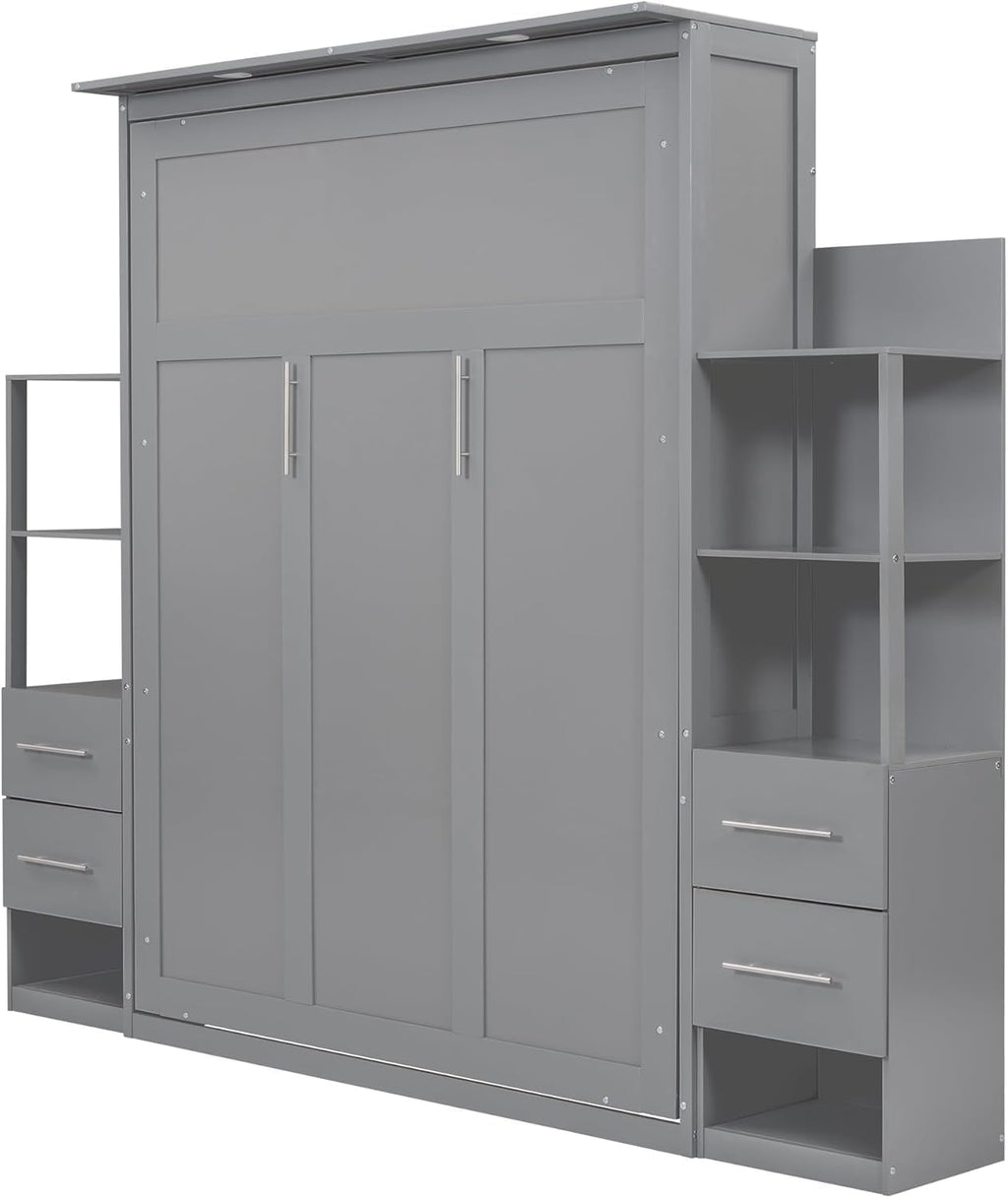 MERITLINE Queen Murphy Bed with Storage Shelves,Bookcase,Drawers & LED Lights,Wood Murphy Wall Bed Cabinet for Adults