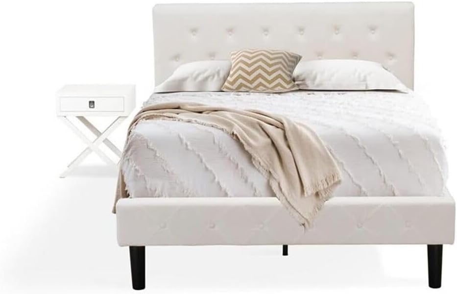 HomeStock African Artistry 2 Piece Bedroom Set - Button Tufted Platform Bed Frame - Velvet Fabric Upholstered Headboard and A Nightstand Full/Linen White/White