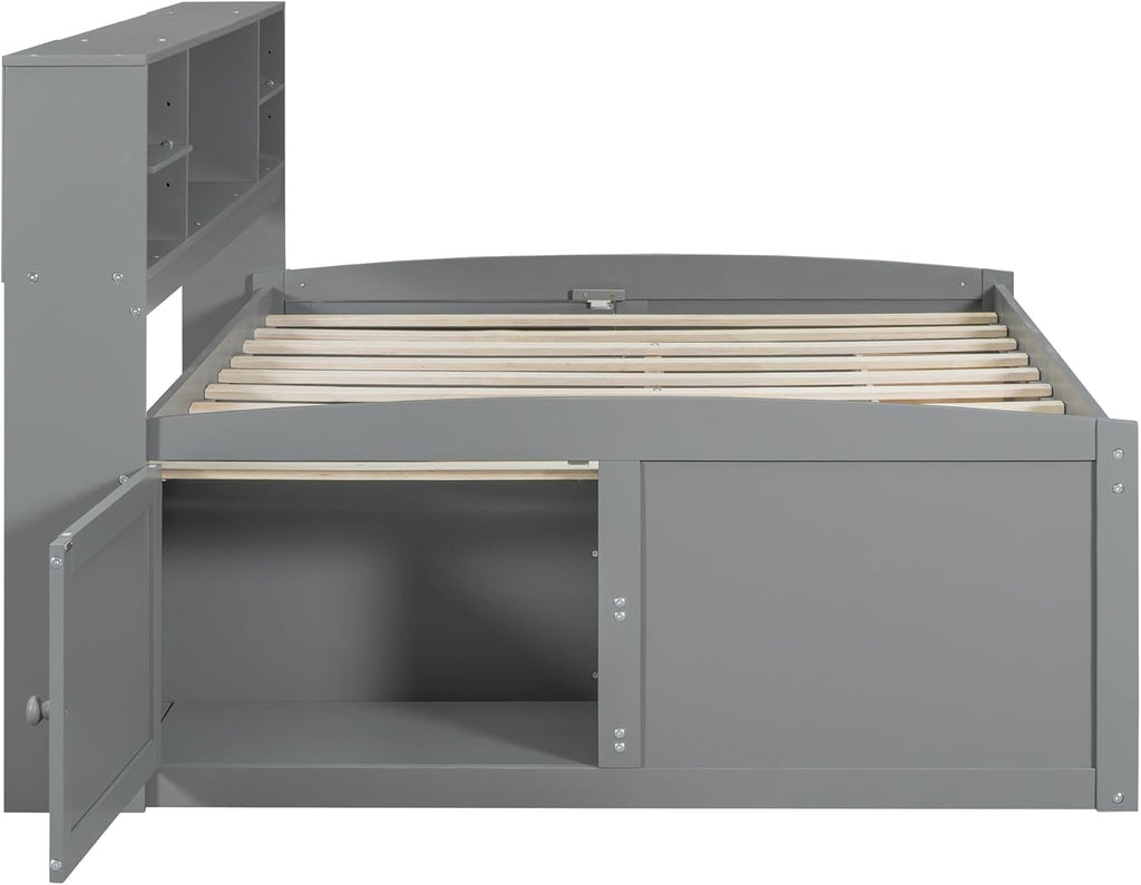 MERITLINE Full Daybed with Storage Bookcase,Shelves and Drawers,Solid Wood Full Captain's Bed Frame with Drawers for Adults,No Box Spring Needed (Grey)