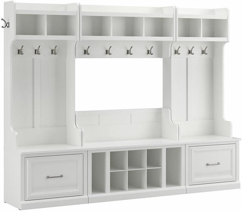 Bush Furniture Woodland Full Entryway Storage Set with Coat Rack and Shoe Bench with Drawers in White Ash | Mudroom Organizer for Footwear, Clothing