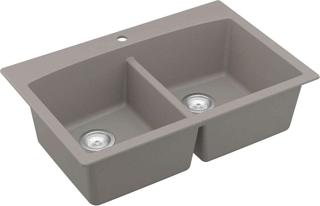 Karran QT-710 33 Inch Top Mount Double Bowl Kitchen Sink, 50/50 Low Divide Quartz Composite Drop-In Sink, Rear Drain, Heat and Scratch Resistant, Concrete