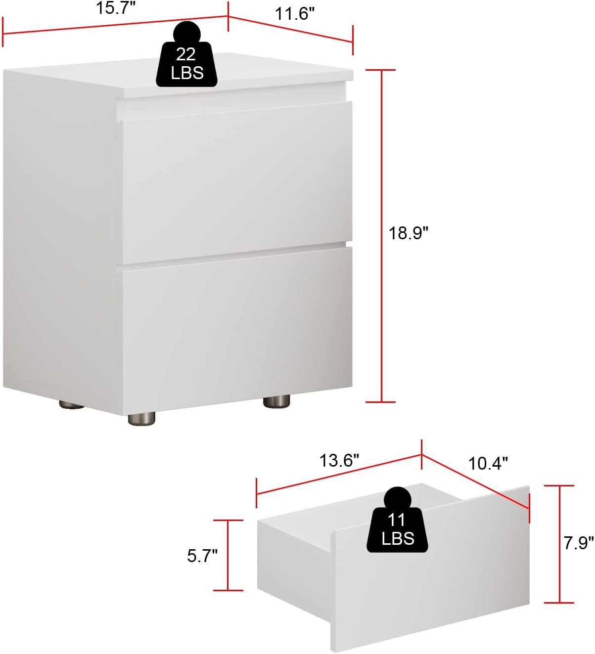 AIEGLE White Nightstand with 2 Drawers, Small Wood Storage Bed Side Table End Table Set of 2, Handle Free Storage for Bedroom Living Room Office (15.7' W x 11.6' D x 18.9' H)