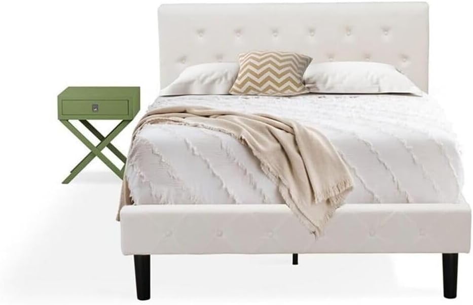 HomeStock African Artistry 2 Piece Bedroom Set - Button Tufted Platform Bed Frame - Velvet Fabric Upholstered Headboard and A Nightstand Full/Clover Green/White