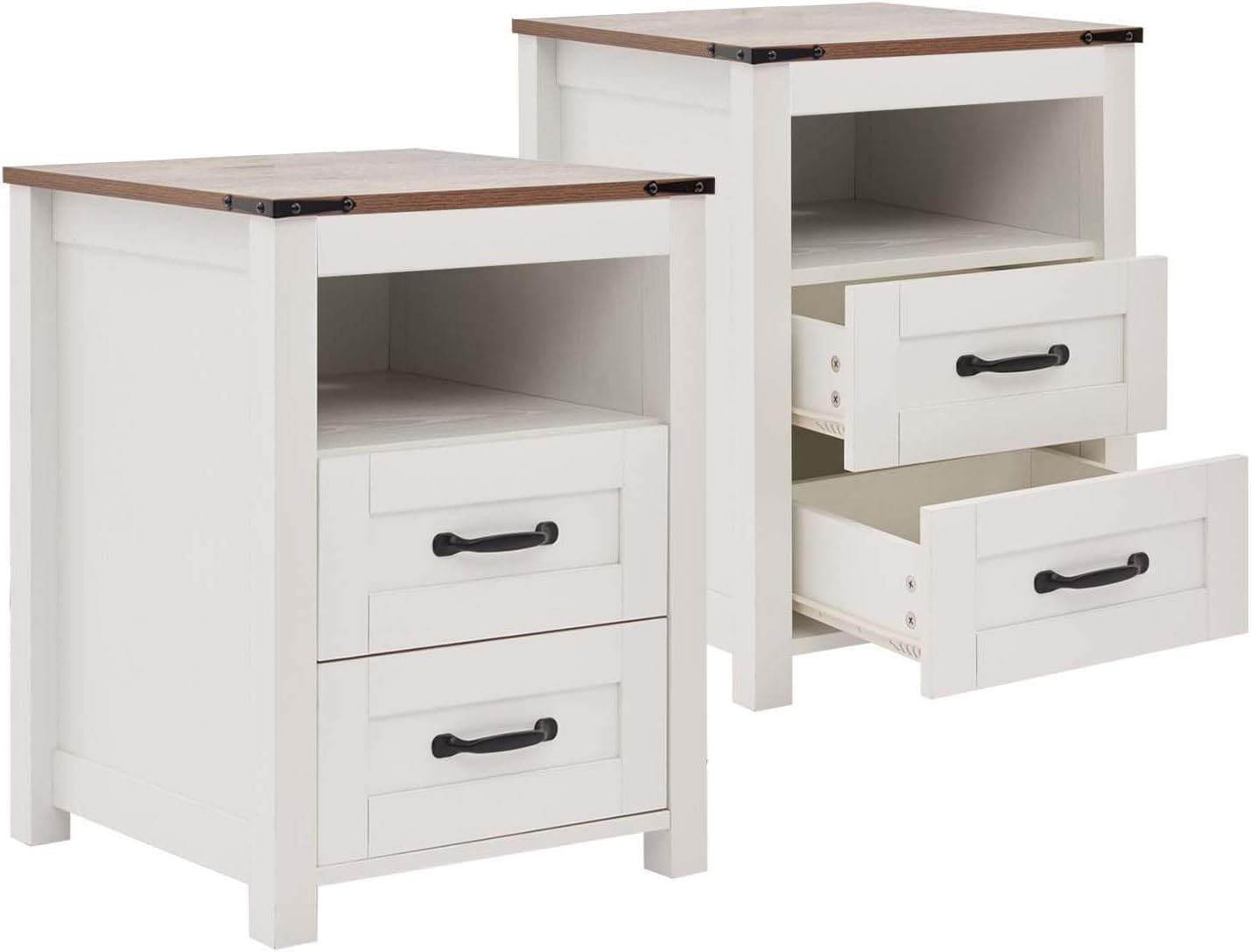 Farmhouse Night Stand Set of 2, Rustic White Nightstand for Bedroom, End Tables Without Charging Station, Bedside Table with Drawers, Wood Bedside Cabinet Dresser