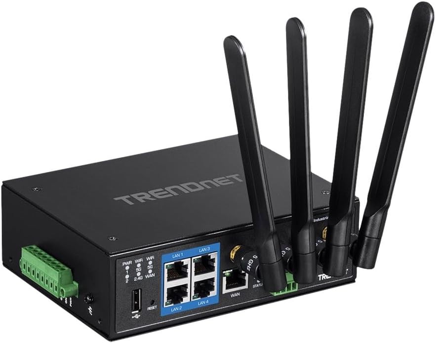TRENDnet Industrial AC1200 Wireless Dual Band Gigabit Router, TI-W100, 4 x Gigabit PoE+ Ports, 1 x Gigabit WAN Port, IP30 Housing, Dual-WAN, VPN, DIN-Rail Mount, NDAA + TAA Compliant