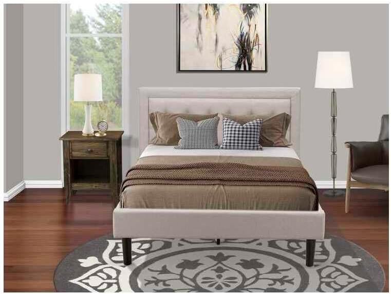 HomeStock Southwestern Sanctuary 2 Piece Platform Bedroom Set with 1 Wood Bed Frame and a Mid Century Modern Nightstand Reliable and Mist Beige Linen Fabric Full/Distressed Jacobean