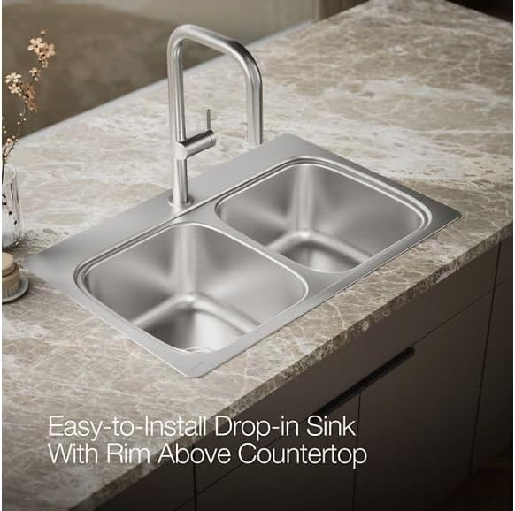 KOHLER 5267-1-NA Verse 33' Kitchen Sink Drop In Top-Mount Double-Bowl, Stainless Steel, 1 Faucet Hole, Durable and Easy-to-Clean Design, 33x22 Drop In Kitchen Sink