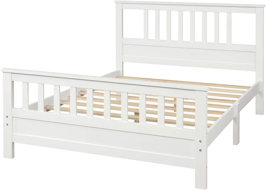 Solid Wood Platform Bed Frame with Integrated Headboard and Footboard for Supportive, Minimalist Bedroom Setup (White + Pine + Full)