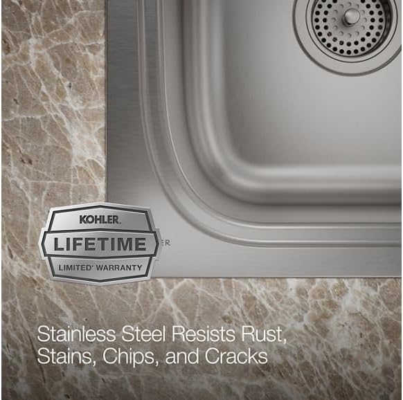 KOHLER 5267-1-NA Verse 33' Kitchen Sink Drop In Top-Mount Double-Bowl, Stainless Steel, 1 Faucet Hole, Durable and Easy-to-Clean Design, 33x22 Drop In Kitchen Sink
