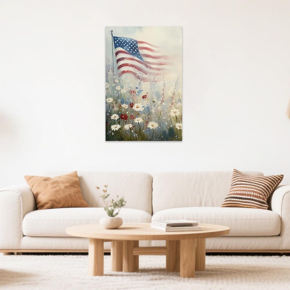 SWQYLB Patriotic Pictures Wall Decor American Flag Landscape Wall Art Floral Print Artwork Wildflower Painting Canvas Farmhouse Bedroom Home Decor Framed (28' x 42')