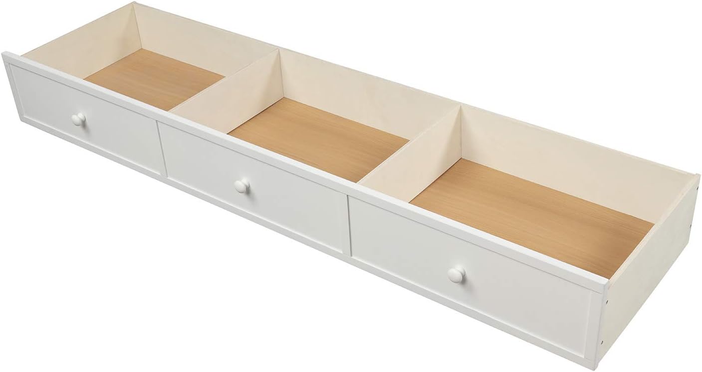 Twin Over Full Bunk Bed with 3 Drawers and Staircase,Can be Separated into 2 Beds,Wood Floor Bunk Bed Frame with Storage Shelf and Full-Length Safety Guardrail for Kids Teens Adults,Space Saving,White