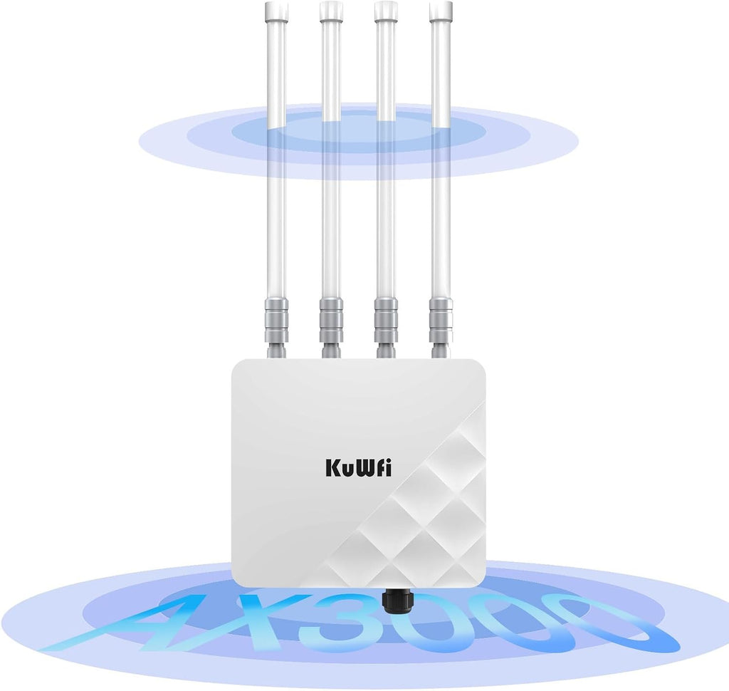 KuWFi Outdoor WiFi 6 Access Point, 3000Mbps Long Range Extender, IP67 Waterproof, PoE+ Powered, Cloud Managed, Supports 256 Users, Ideal for 300-500m Coverage, Compatible with Starlink