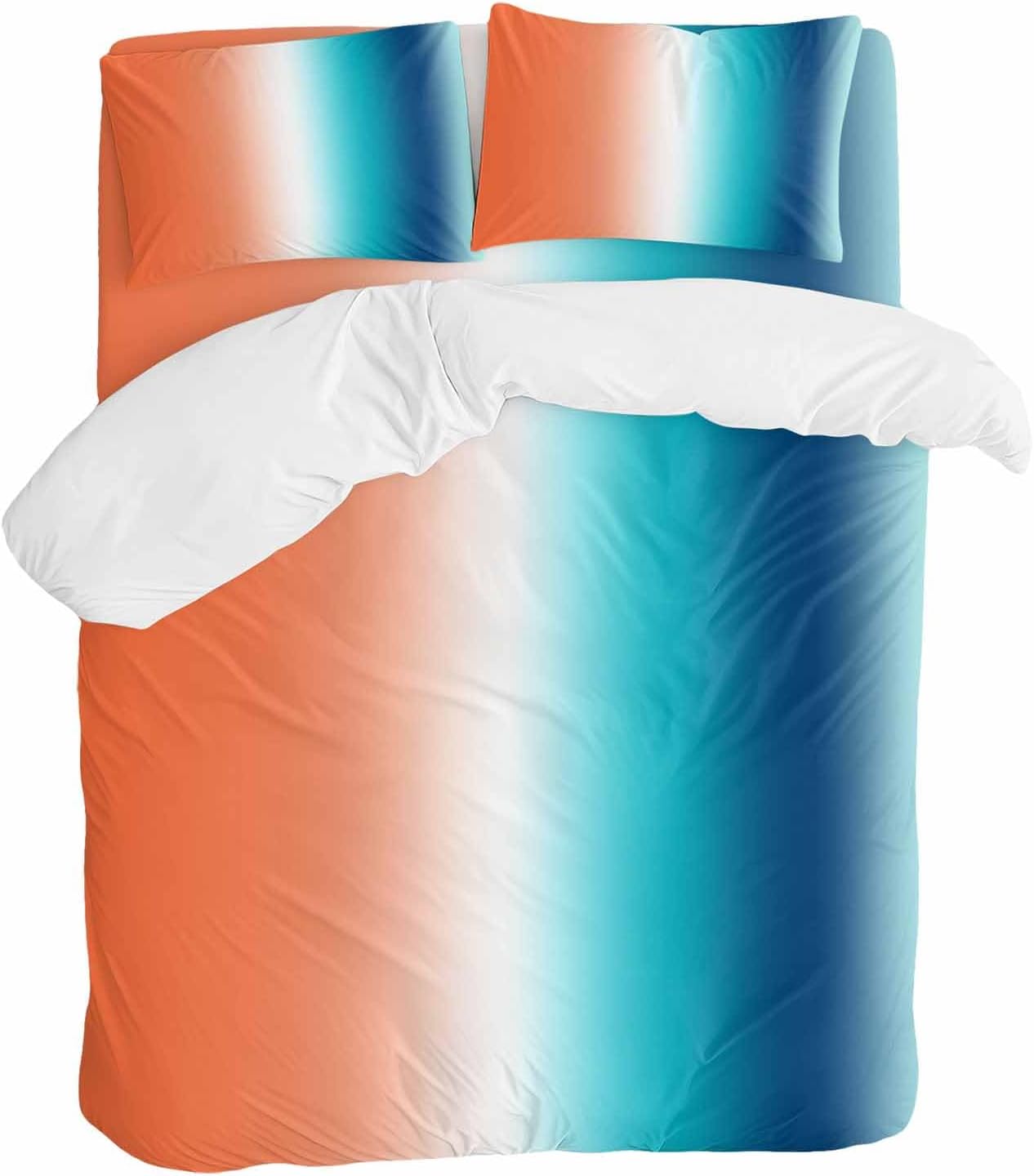 Gradient Orange Teal Duvet Cover Set Queen Size 4 Pieces Modern Abstract Minimalist Blue Ocean Beach Bedding Set with Zipper Closure, 1 Comforter Cover 86x86 Inches 1 Flat Sheet & 2 Pillow Cases