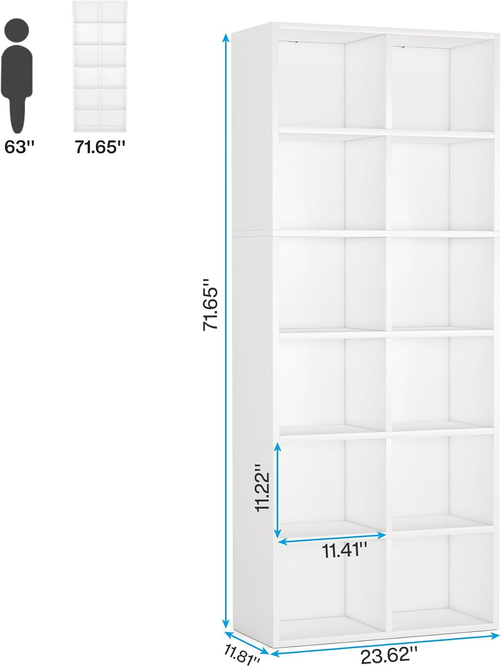 Tribesigns 71.65 Inch Tall Narrow Bookcase Bookshelf, White Modern Bookcase with 12 Cube Storage for Home Office, Vertical or Horizontal