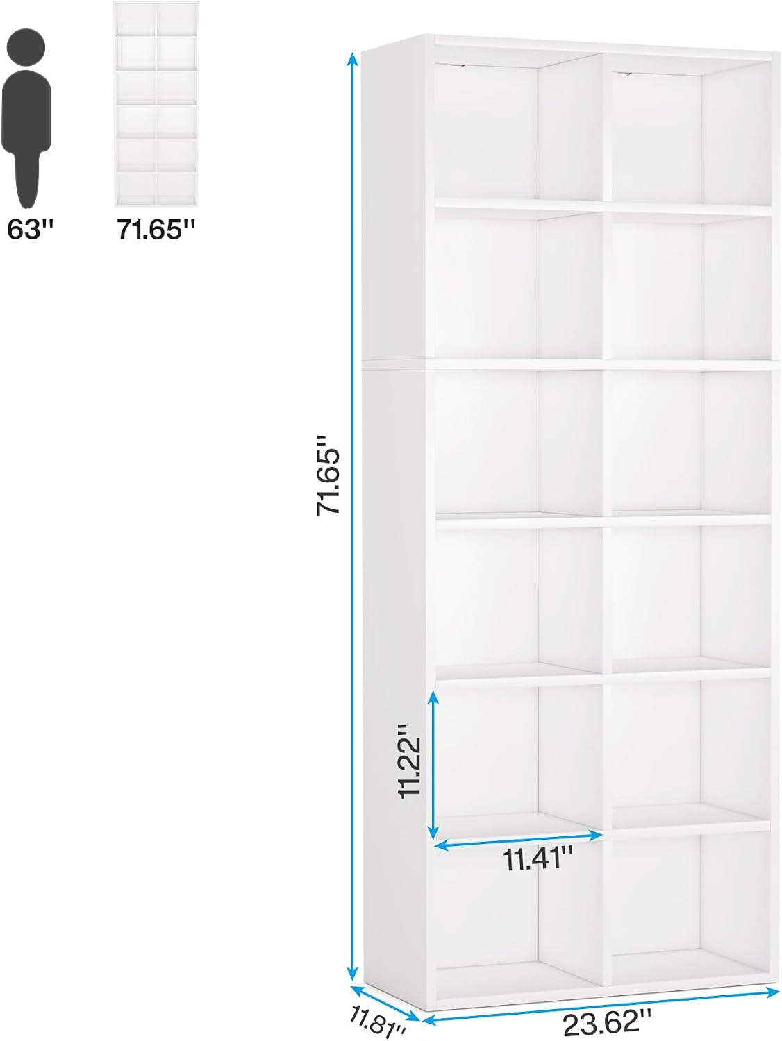 Tribesigns 71.65 Inch Tall Narrow Bookcase Bookshelf, White Modern Bookcase with 12 Cube Storage for Home Office, Vertical or Horizontal