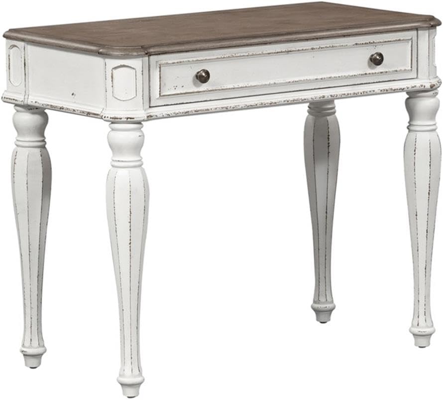 Liberty Furniture Magnolia Manor Makeup Vanity Accent Desk Set with Upholstered Bench European Traditional - Antique White & Weathered Bark