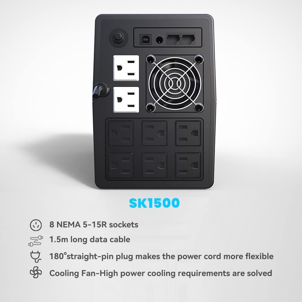 SKE SK1500 1500VA/900W UPS Battery Backup & Surge Protector - Uninterruptible Power Supply with LCD Display, AVR Voltage Regulation, 8 Outlets, Backup Power for PC, Router, NAS & Home Office