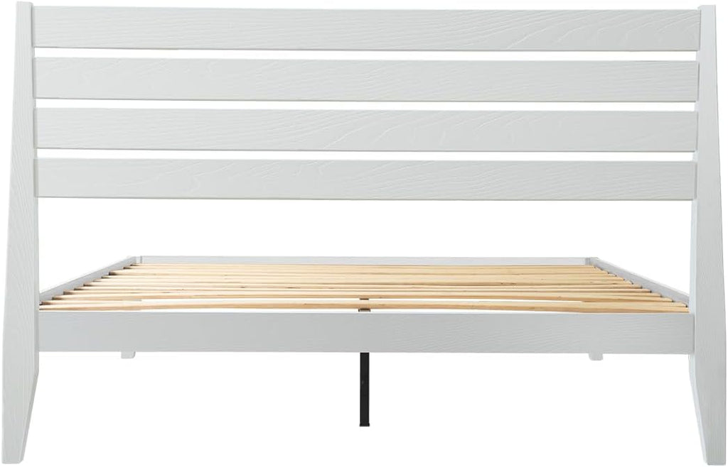 Full Size Solid Wood Platform Bed Frame with Headboard and Footboard, 12 Sturdy Slats, Center Metal Legs, Easy Assembly, No Box Spring Needed, Anti-Noise & Slip-Free Design, Pure White Finish. RKF-39
